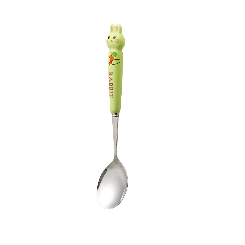 Cartoon stainless steel cutlery set: cute kids' forks with stylish ceramic handles, exquisite dessert spoons, and serving spoons