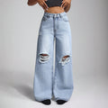European and american style women's high-waisted distressed wide-leg jeans - american trendy frayed hem, ripped and distressed, slimming women's jeans