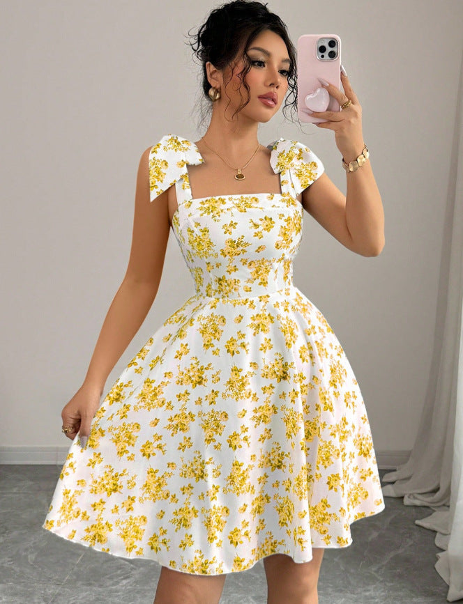 european and american cross-border new arrival: square neck, cinched waist, printed bubble sleeve dress