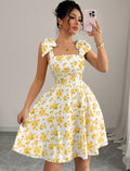 european and american cross-border new arrival: square neck, cinched waist, printed bubble sleeve dress