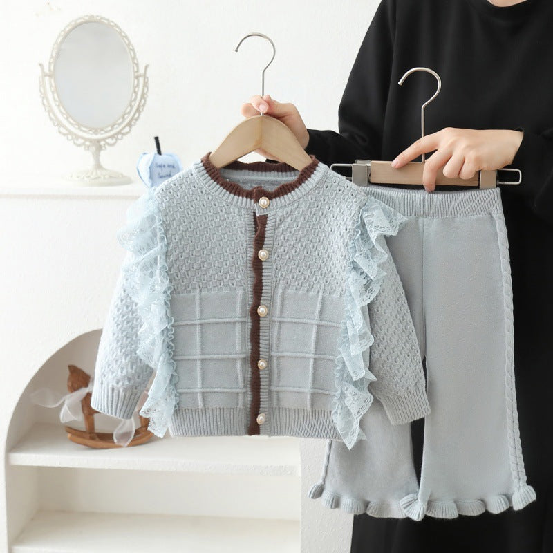 Girls' spring outfit set : new stylish cardigan jacket and lace pants two-piece set for girls - perfect for spring and autumn