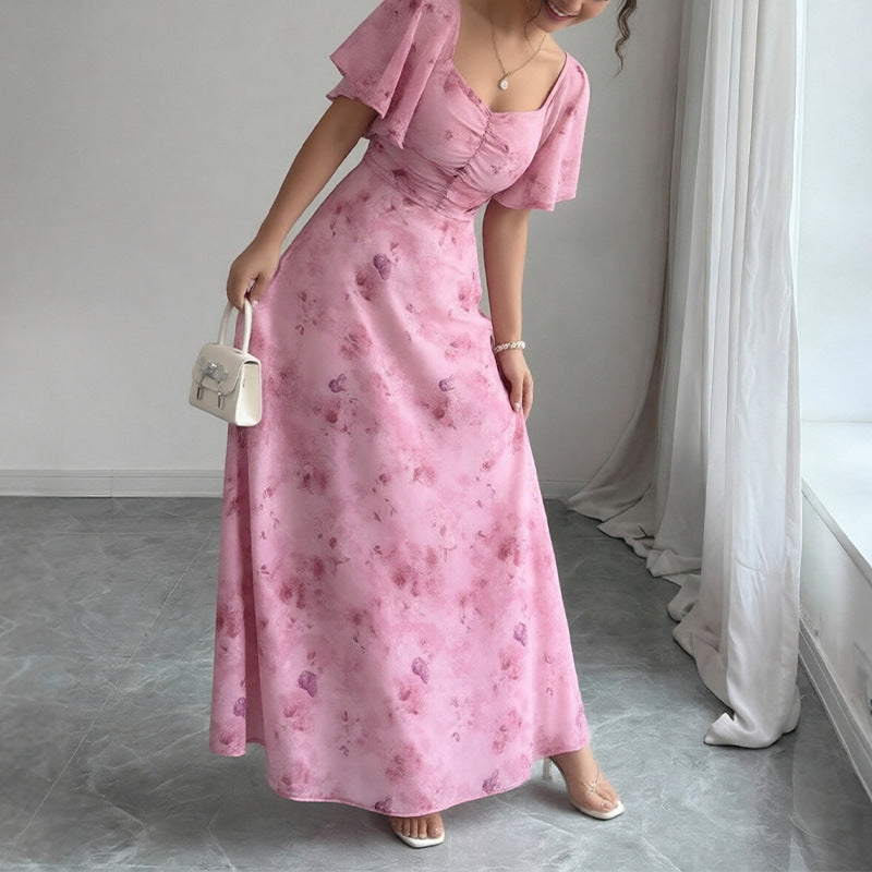 cross-border european and american women's clothing: new summer collection - elegant printed ruffle sleeve slim-fit dress, perfect for vacation