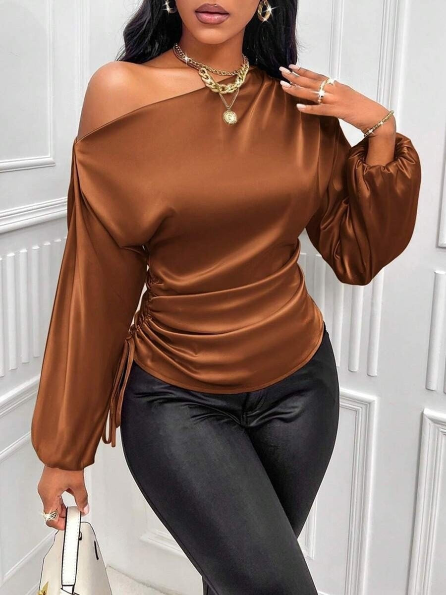 Amazon cross-border fashion new women's satin blouse - spring/summer asymmetrical long sleeve slant neck shirt top