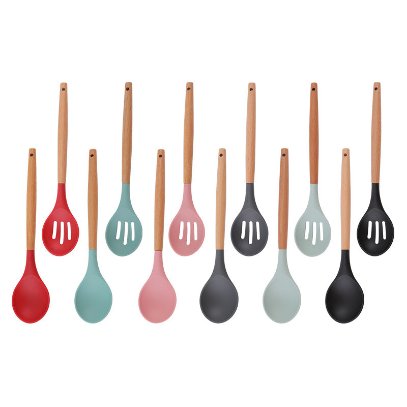 Food grade silicone non-stick pan is denser and more leak-resistant to high temperature. Household wooden handle, dense spoon, colander, kitchen cooking tools