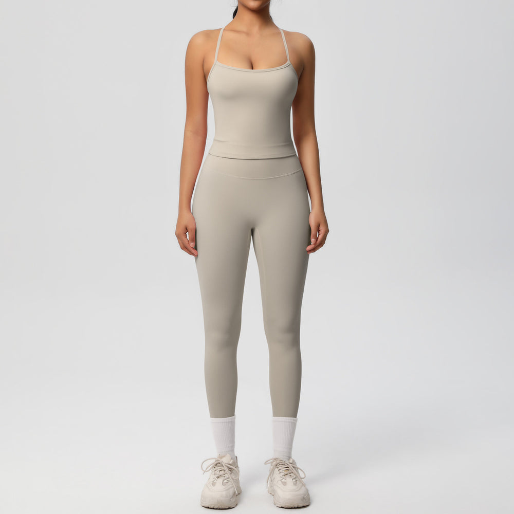 Ready-to-ship, solid color, nude-feel, double-sided brushed, racerback, form-fitting activewear yoga set – perfect for running and fitness. two-piece set