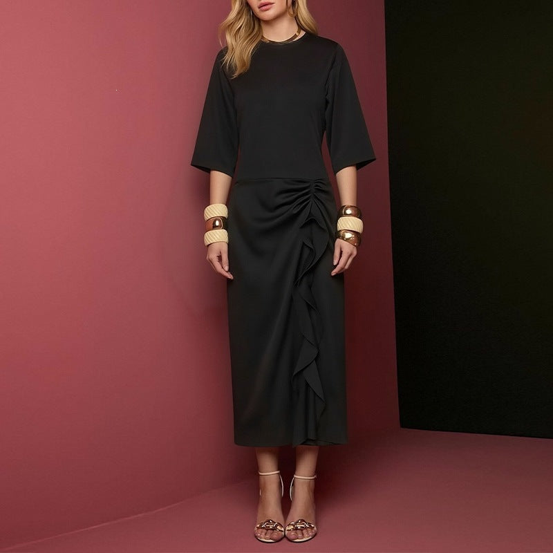 cross-border european and american women's clothing: summer dress for women, casual vacation style solid color slit pleated dress