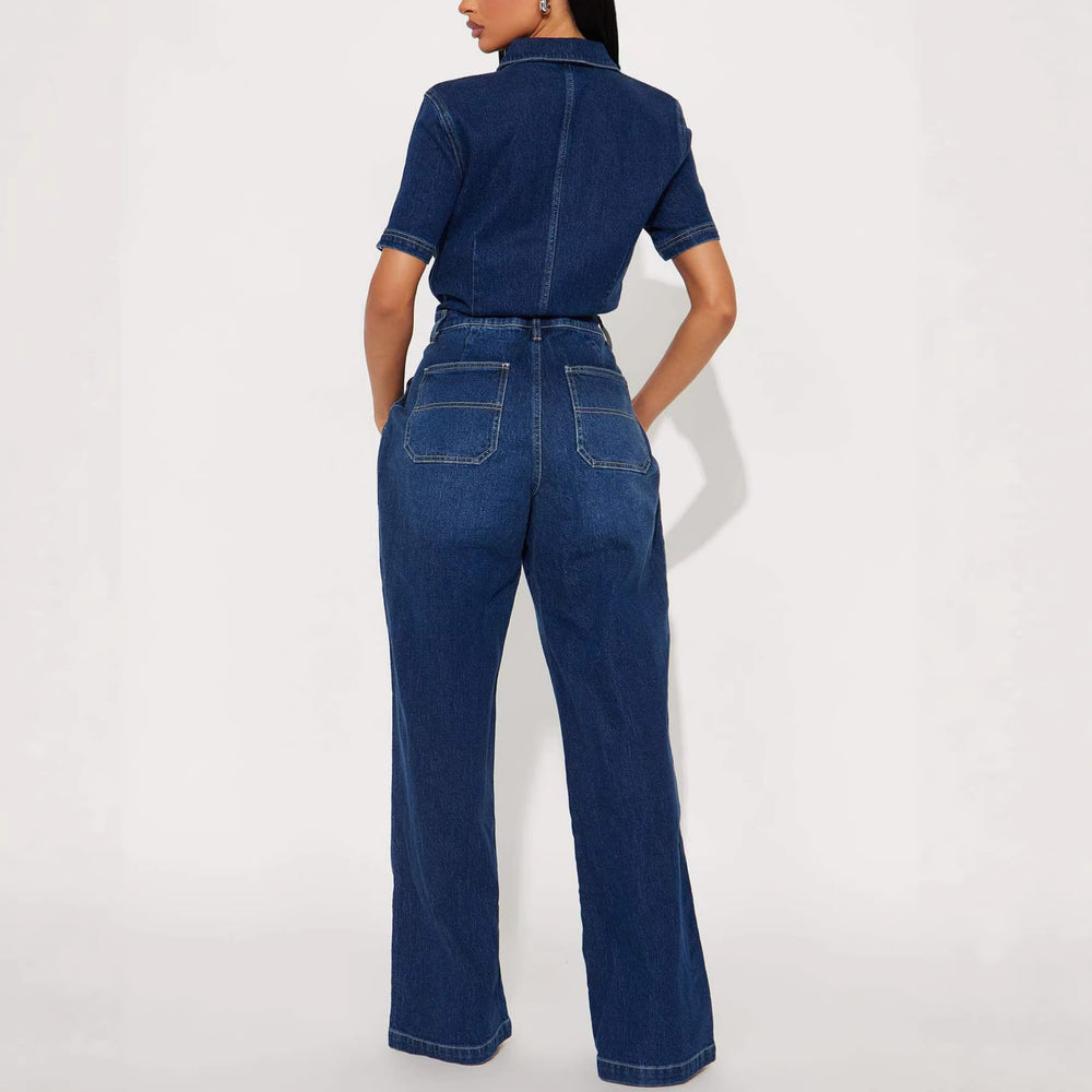 Fashion jumpsuit women's new arrival hot selling dark blue fashionableelegant jumpsuit denim pants washed stretch jumpsuit
