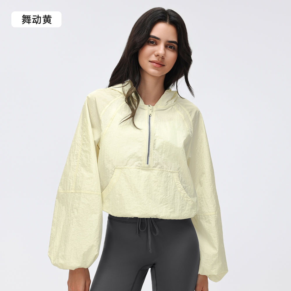 Spring half-zip hooded athletic windbreaker - women's short, loose-fit, versatile outdoor running & fitness jacket - d26004