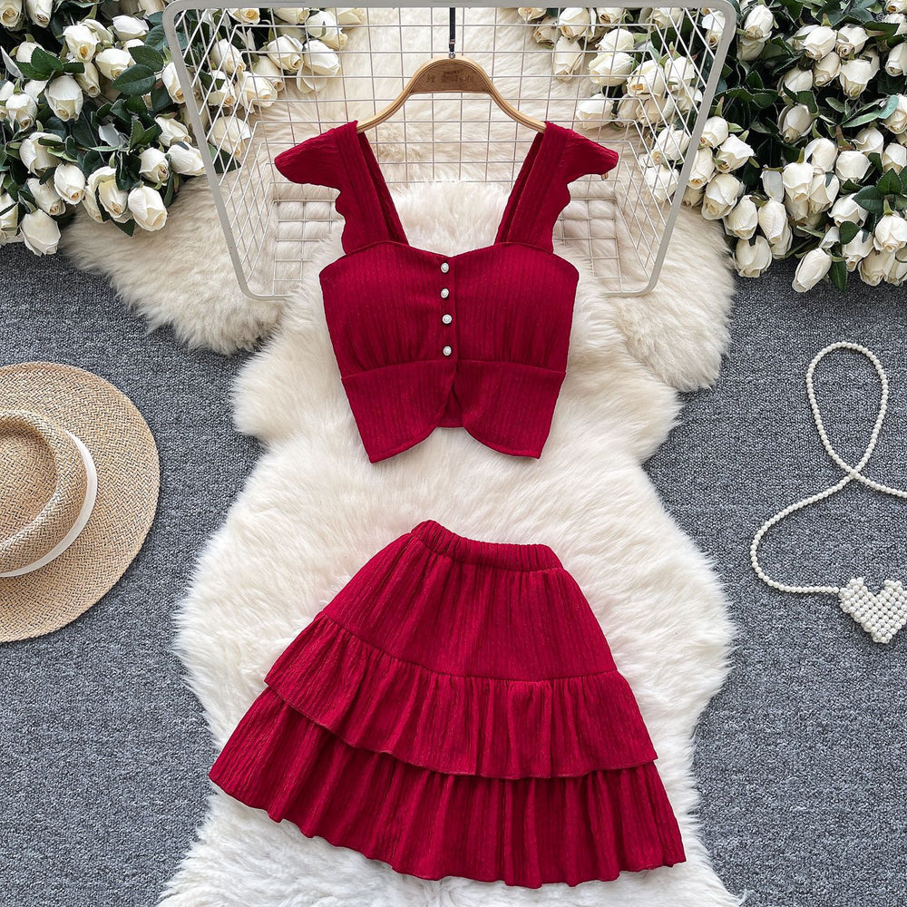 Summer outfit set for petite women: gentle style square neck cami top with flutter sleeves and ruffle mini skirt