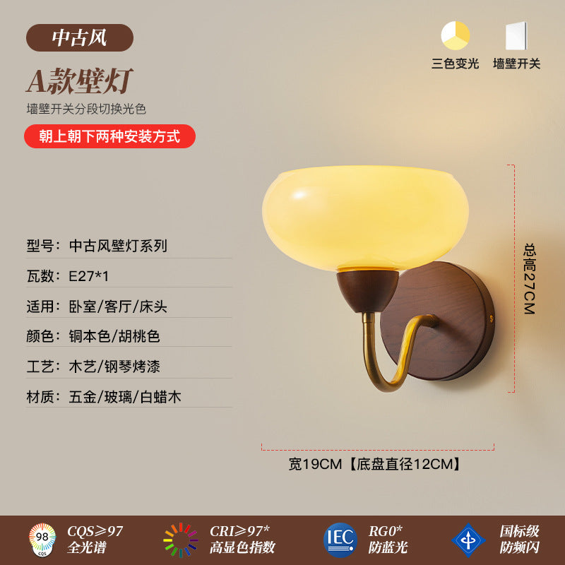 Wall lamp medieval solid wood bedside lamp American retro living room background wall lamp bedroom study aisle staircase entrance lamp