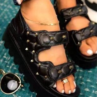 Women's new arrival rivet & plaid platform sandals - european style, plus size, one-strap hook & loop closure, roman sandals