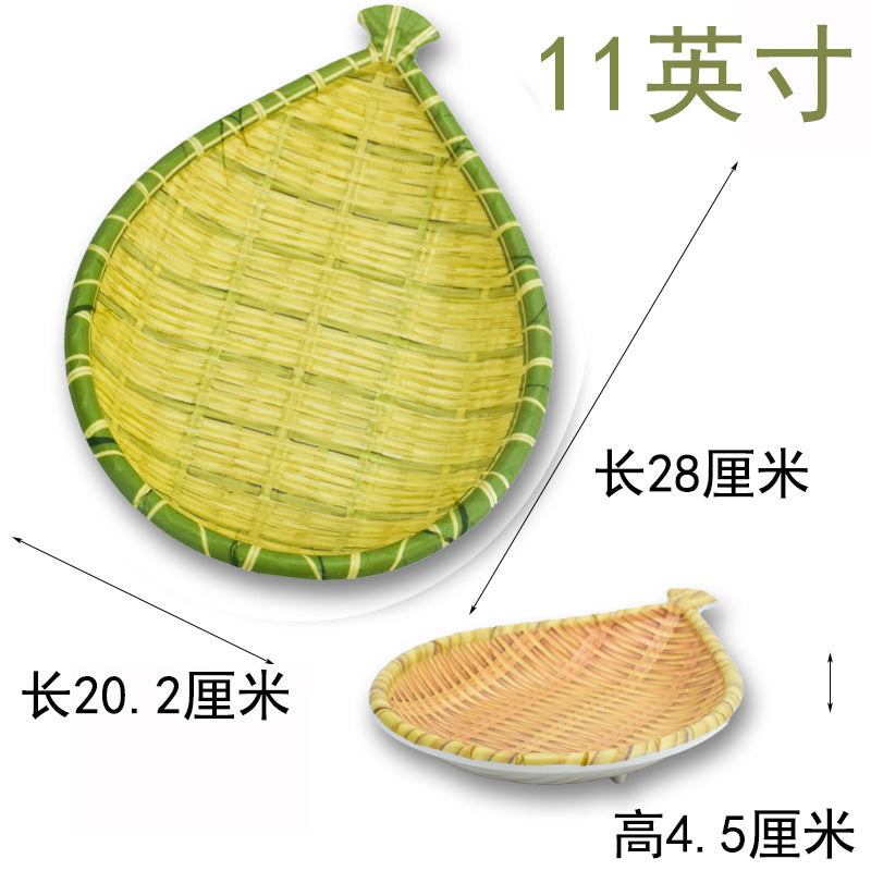 Bamboo woven disc plastic hot pot dish plate restaurant large plate barbecue plate farmhouse tableware green roast chicken plate banquet