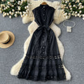 Frenchretro stand collar cut outlacepatchwork pearl single breasted waist slimming look long large swing dress for women