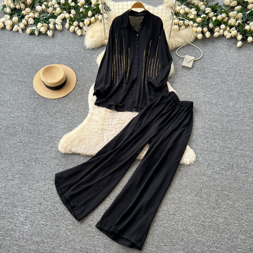 Lazy style red shirt loose pantstwo-piece set female autum lapel fashionloosework clothingfashionablesuit