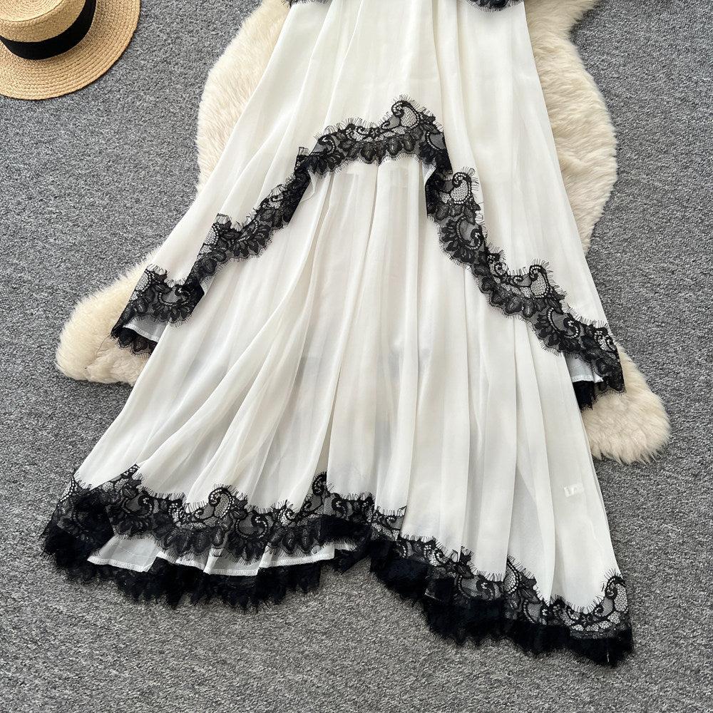 Vacation style lacepatchwork suspender dress female summerk-stylev neckasymmetrical fairy elegant long skirt slimming look