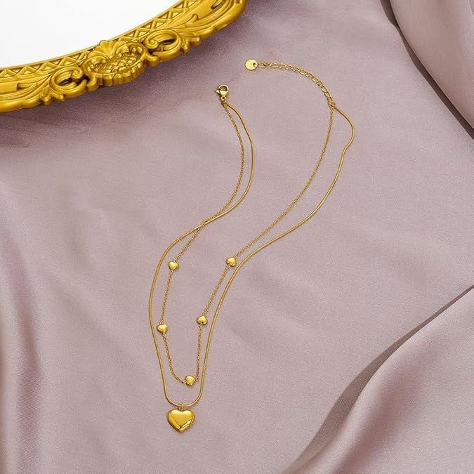 2025 trendy heart double layer necklace, 18k gold plated clavicle chain, luxury niche design, titanium steel chain