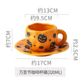 Creative halloween-themed ceramic cup and saucer set, featuring an irregular design with pumpkin and bat motifs. perfect for coffee or tea