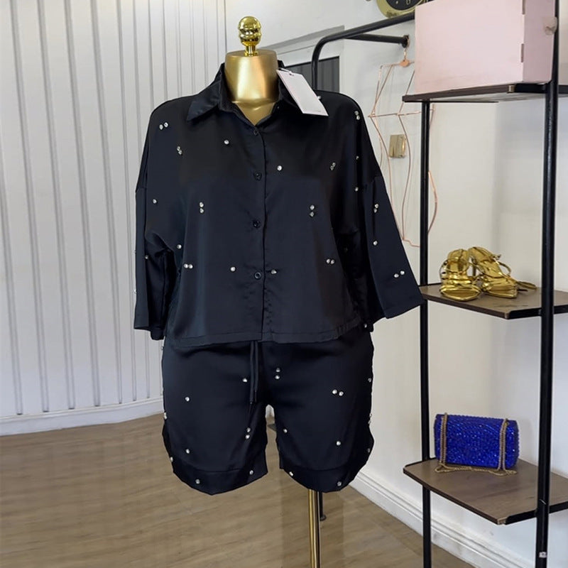 European and american cross-border women's fashion:  summer new arrival - stylish turn-down collar, loose fit, rhinestone-embellished shirt and wide-leg shorts casual set