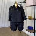 European and american cross-border women's fashion:  summer new arrival - stylish turn-down collar, loose fit, rhinestone-embellished shirt and wide-leg shorts casual set