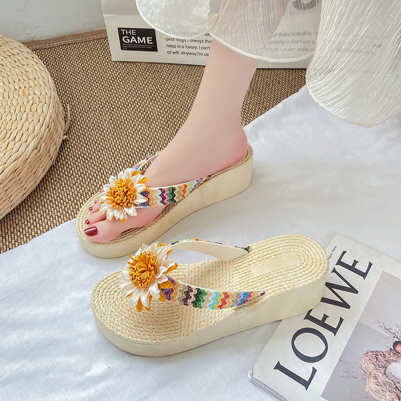 Women's flip-flops: summer fashion, new floral design, height-boosting, outdoor slippers, comfortable, non-slip wedge heel beach sandals