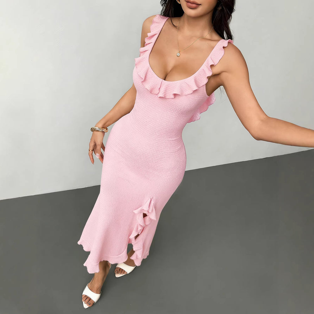 summer  women's pink ruffle backless bodycon slit maxi dress - perfect for beach vacations