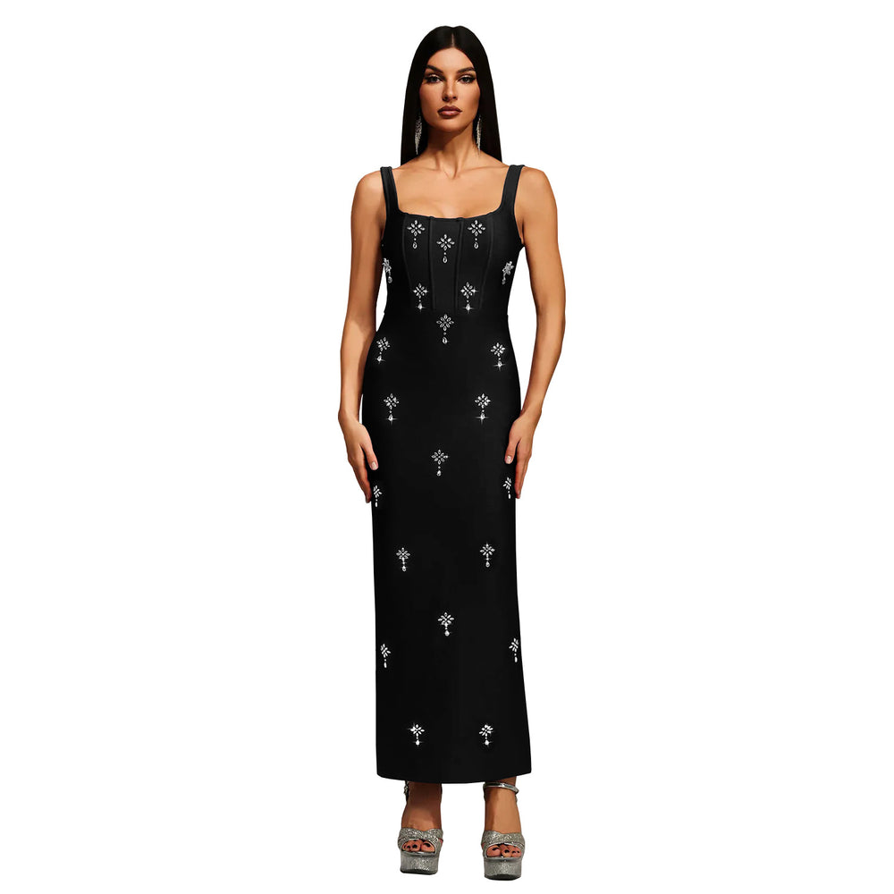 C7657 cross-border   fashion women's elegant rhinestone strap backless dress
