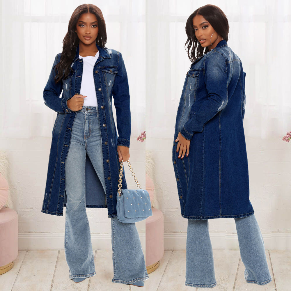fashion style denim outwear women's  hot-selling new dark washed and worn retro silm long windbreaker
