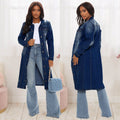 fashion style denim outwear women's  hot-selling new dark washed and worn retro silm long windbreaker
