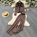European and american chic women's autumn outfit: high-end v-neck long sleeve geometric print knit cardigan with high-waisted pants