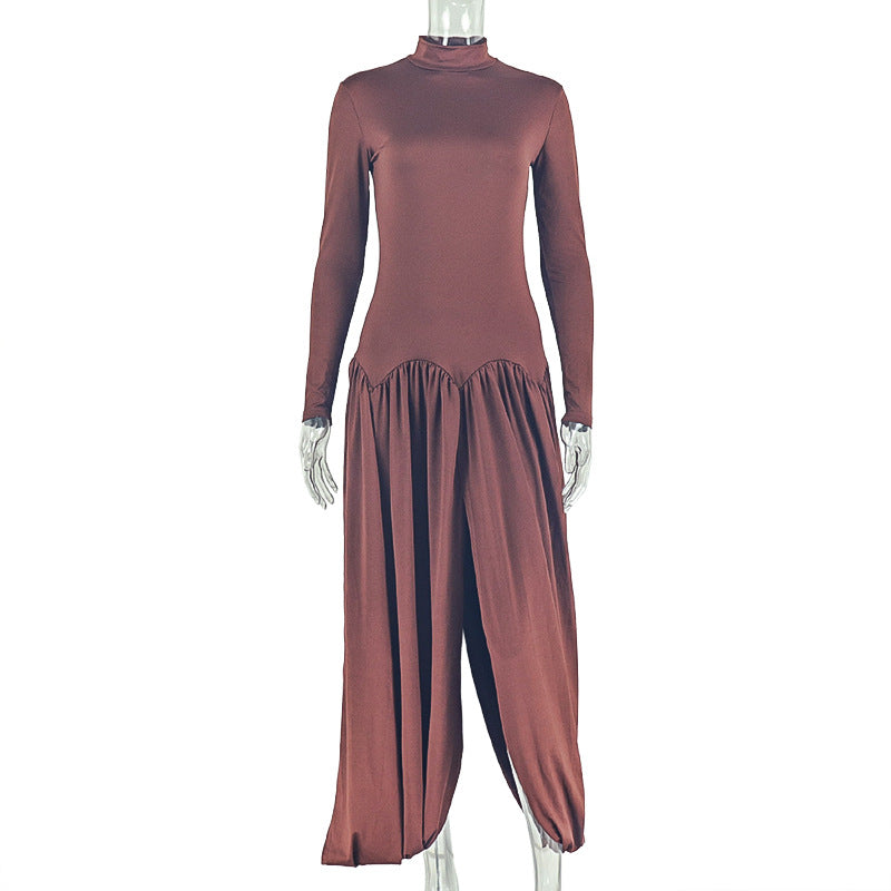 Fashion style cross-border elegant slit women's pure color pleated elegance hip skirt high collar silmlong sleevesdress trendy