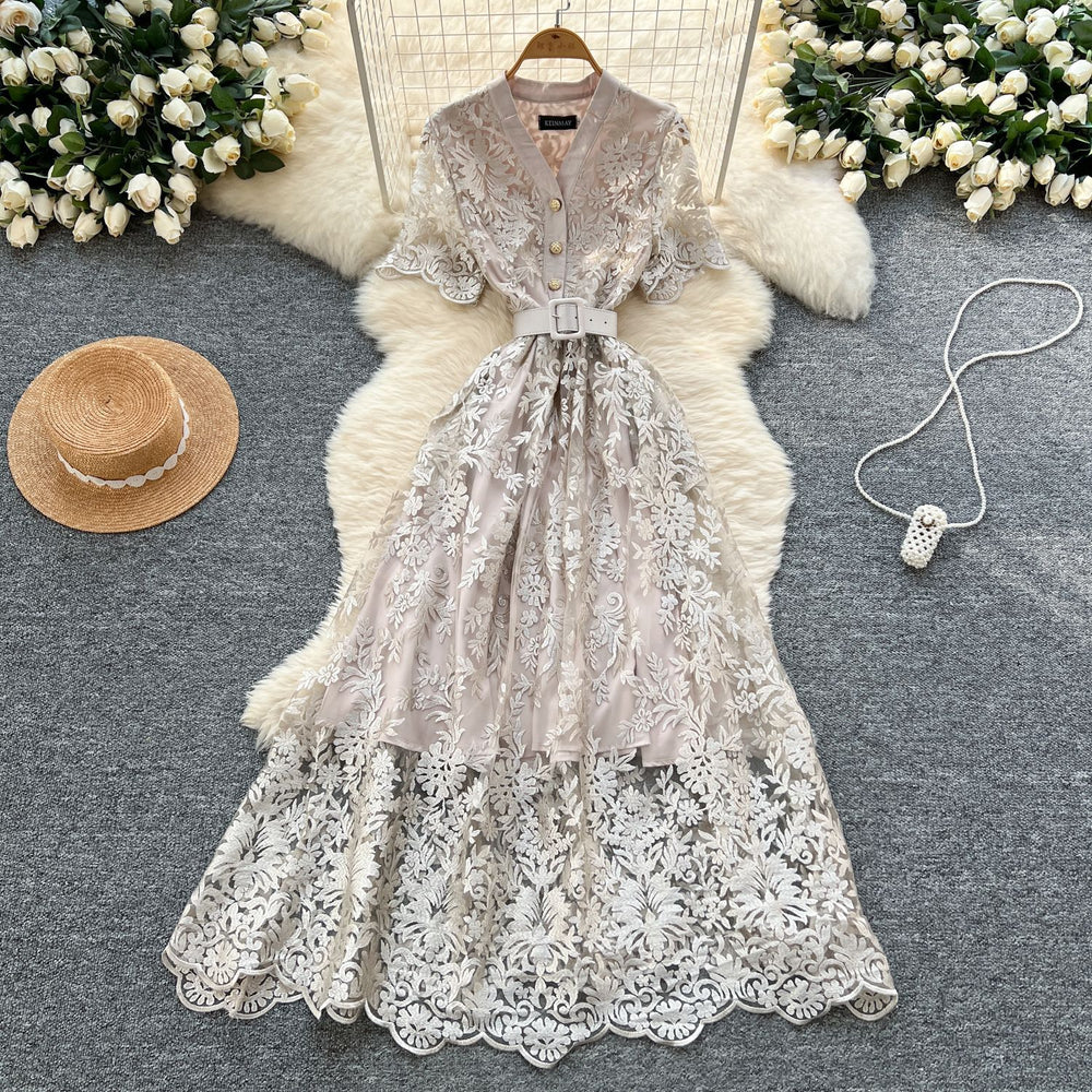 French chic high-end v-neck short sleeve lace waist dress - women's summer slimming elegant maxi dress