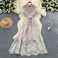 French chic high-end v-neck short sleeve lace waist dress - women's summer slimming elegant maxi dress