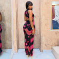 European and american style cross-border women's fashion hollow-out waist print elegant design bodycon dress color block high neck sleeveless maxi dress