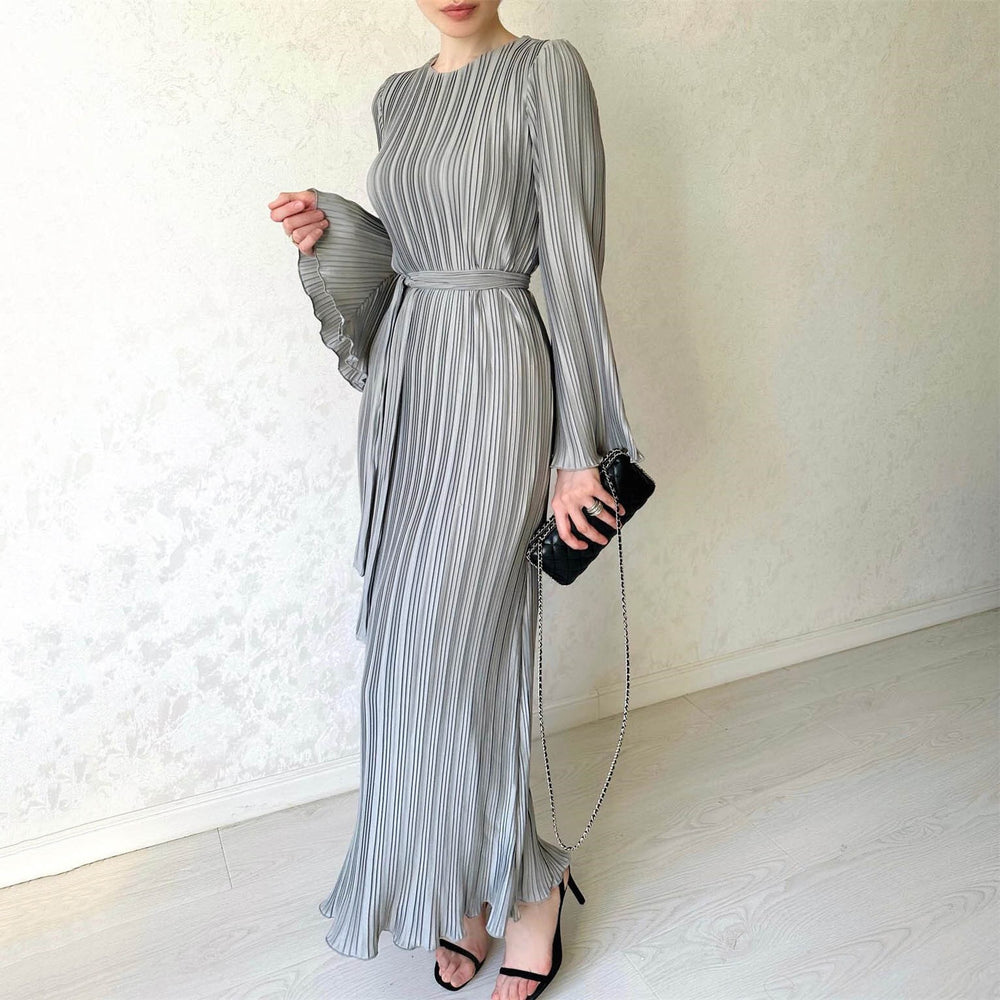 European and american cross-border women's fashion:  autumn hot-selling solid color flared sleeve round neck slim fit elegant dress