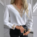 fashion women's clothing:  spring european and american style lace trimmed blouse, solid color patchwork v-neck long sleeve shirt