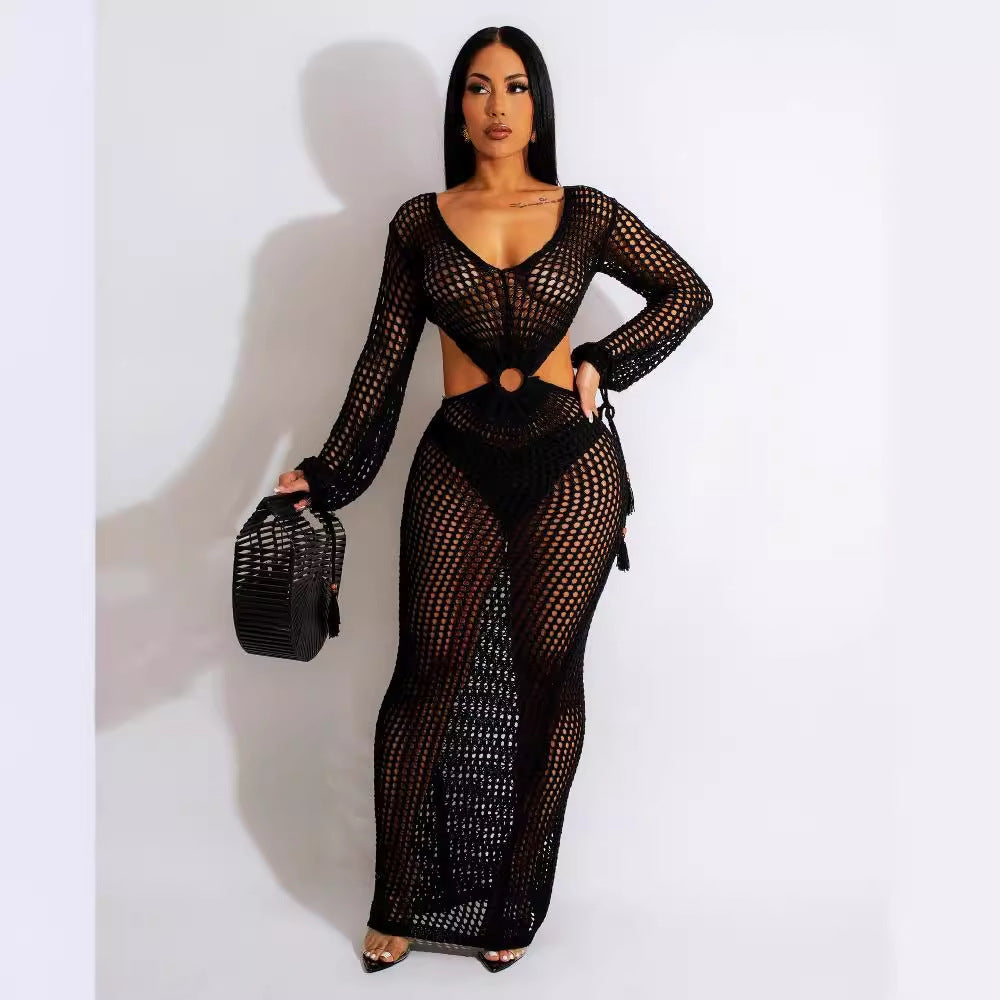 Amazon  european and american women's sexy hollow-out knitted dress summer deep v beach cover-up maxi dress