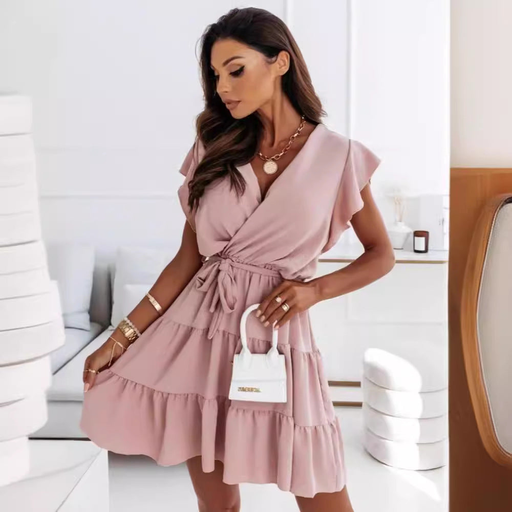 Dress summer women's new  independent station  V-neck lace-up solid color pullover short-sleeved skirt