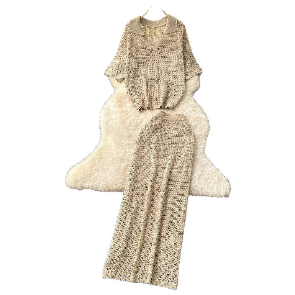 Summer women's gentle style versatile chic hollow-out crochet knit top & high-waisted bodycon midi skirt korean two-piece set