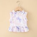 Girls' cotton rayon top - cartoon print, loose-fit, breathable, cute summer lightweight pajama set with lace trim