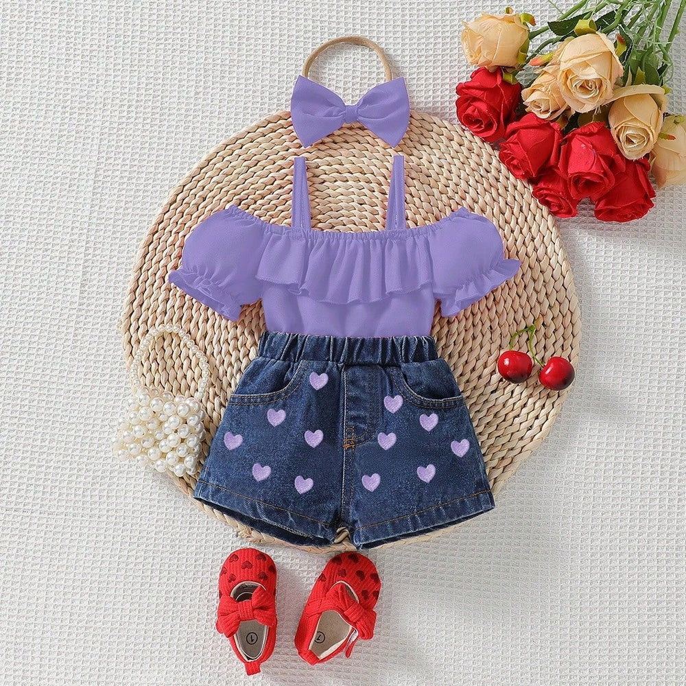 hot selling baby girl one shoulder lotus leaf suspender tops+love embroidered denim short suit with headscarf