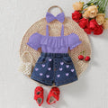 hot selling baby girl one shoulder lotus leaf suspender tops+love embroidered denim short suit with headscarf