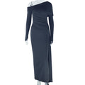 European and american style ins foreign trade women's fashion solid color dress - asymmetrical off-the-shoulder long sleeve dress