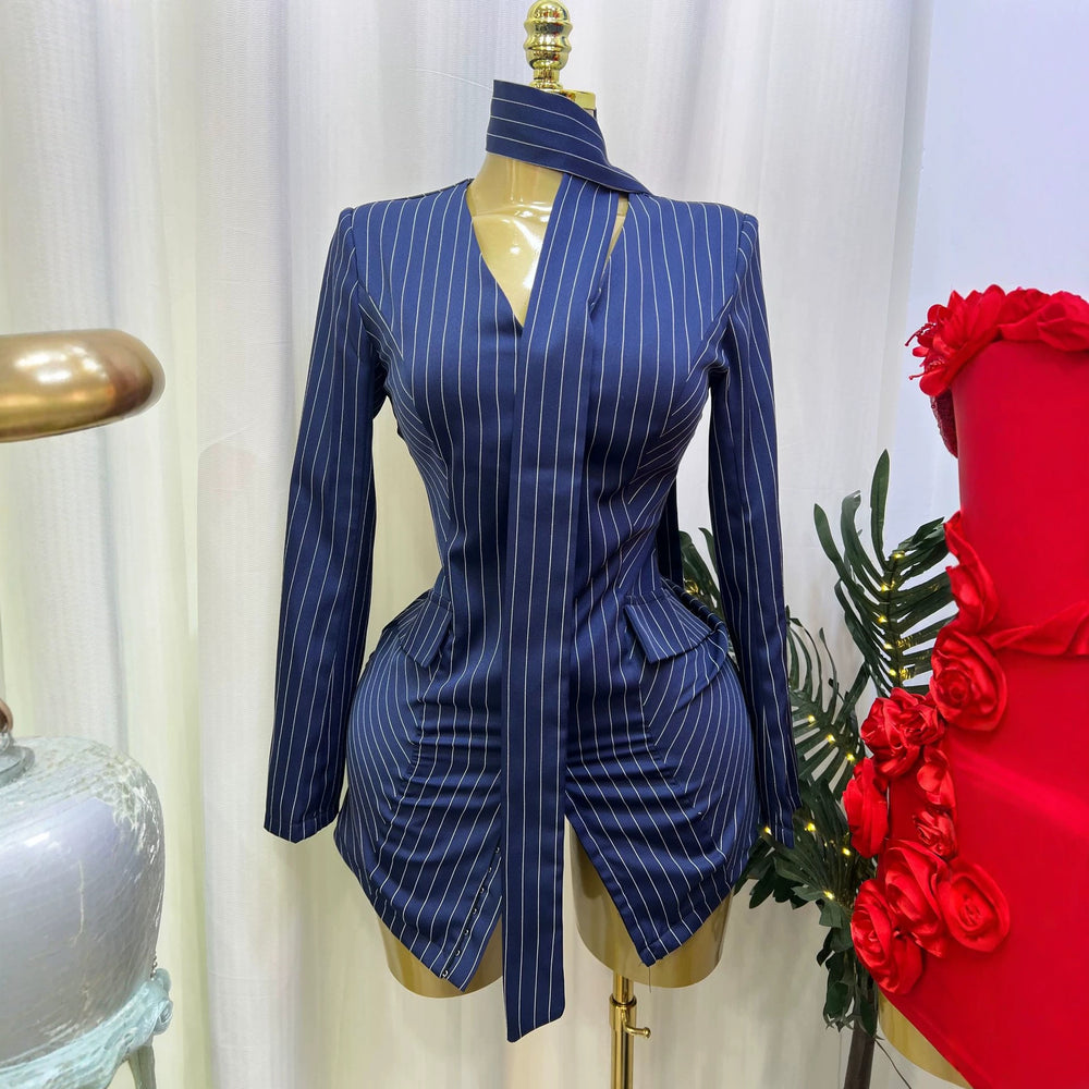 supply ins style stripescontrast colorv neck silmlong sleeves suit short skirt africa europe hot sale