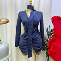 supply ins style stripescontrast colorv neck silmlong sleeves suit short skirt africa europe hot sale