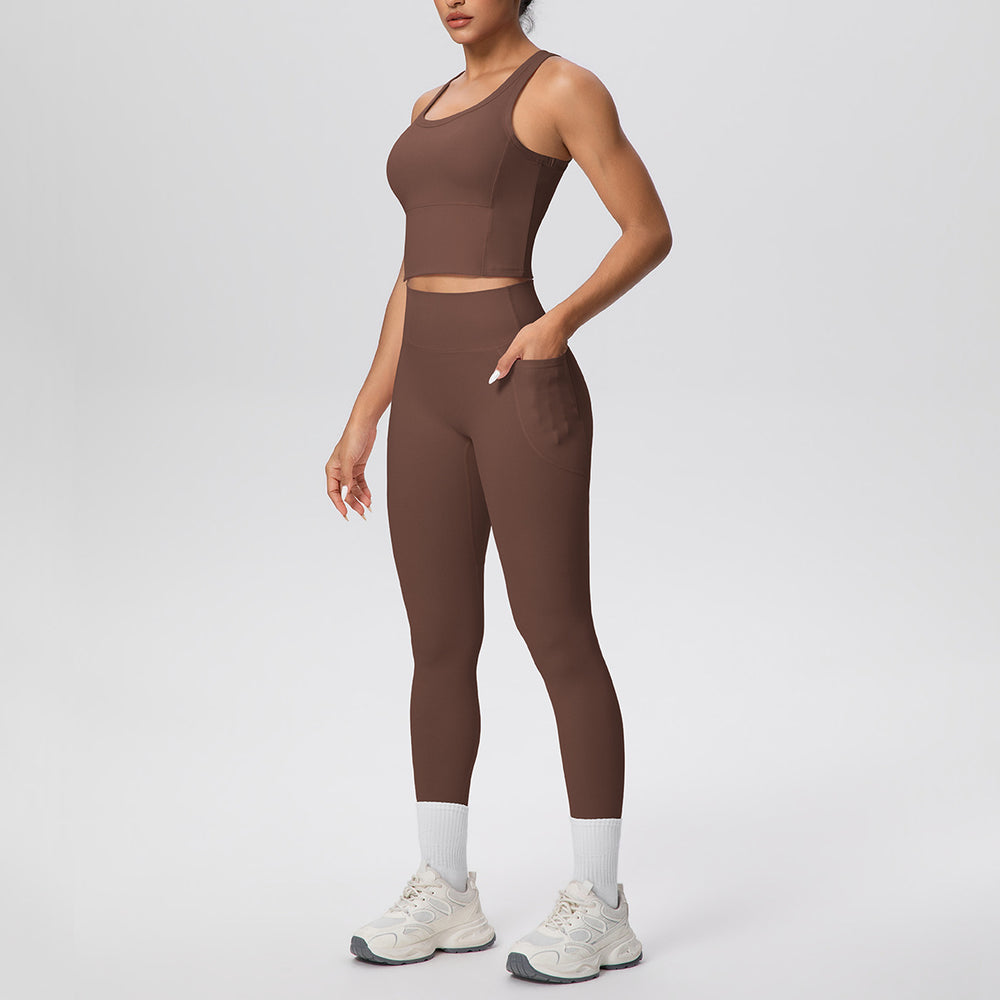 New arrival: cross-border double-sided brushed solid color breathable pocket long yoga outfit set - two-piece activewear for running and fitness