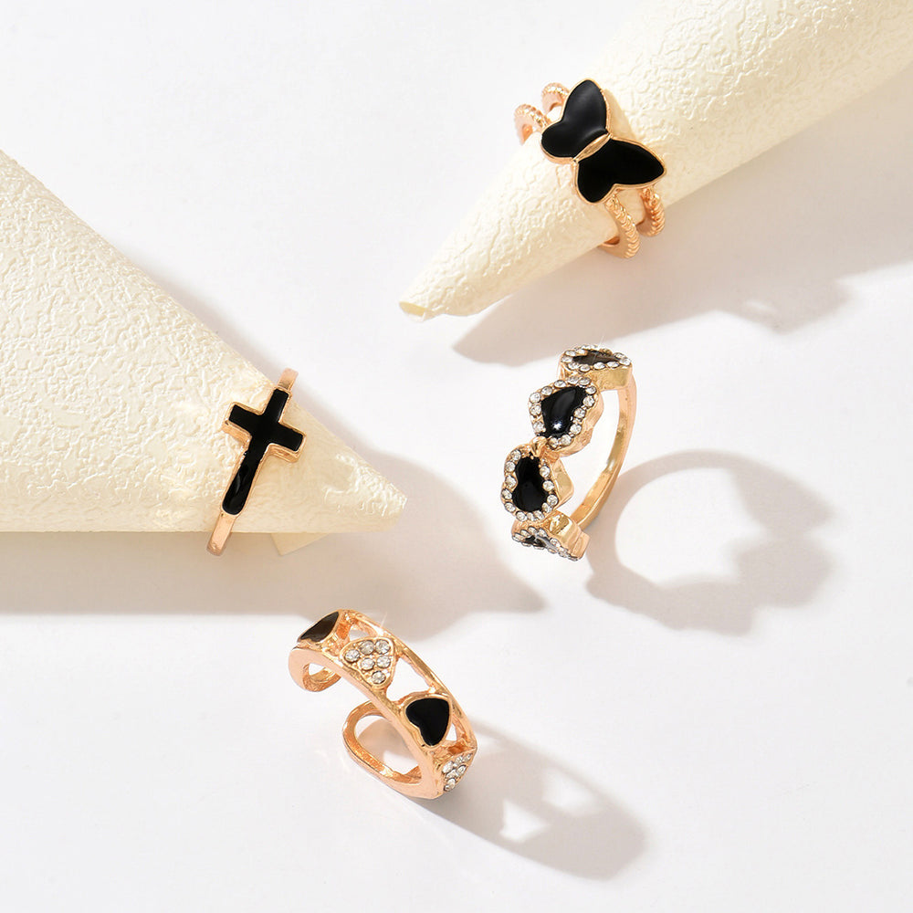 Wholesale heart ring set - european & american niche style, unique jewelry, black butterfly enamel cross, sweet & cool ring set