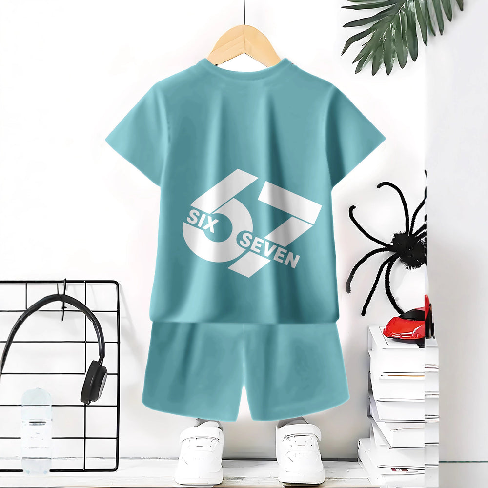 "stylish digital 67 print," perfect for summer wear, boys' outdoor sports t-shirt set