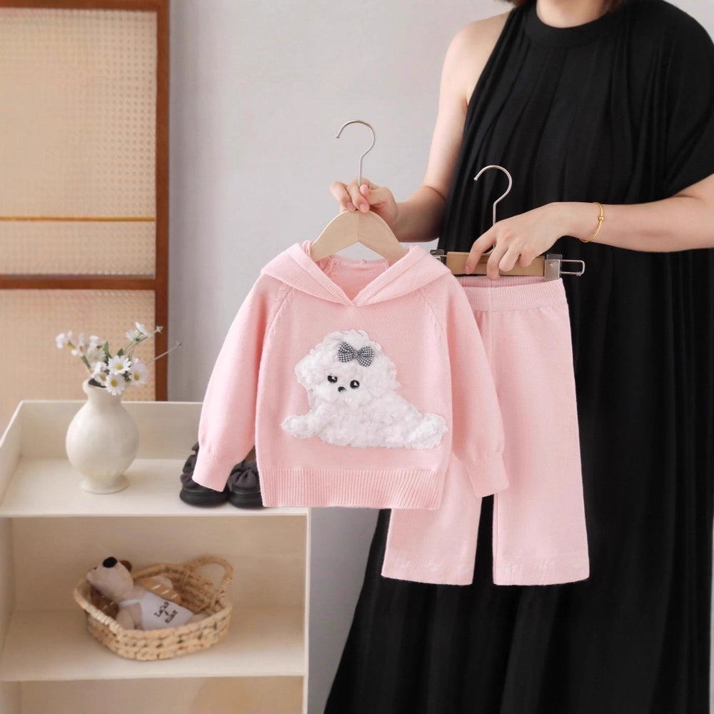 Kids' sweater set - new autumn/winter collection - baby girl cute cartoon puppy hooded knit sweater and pants set