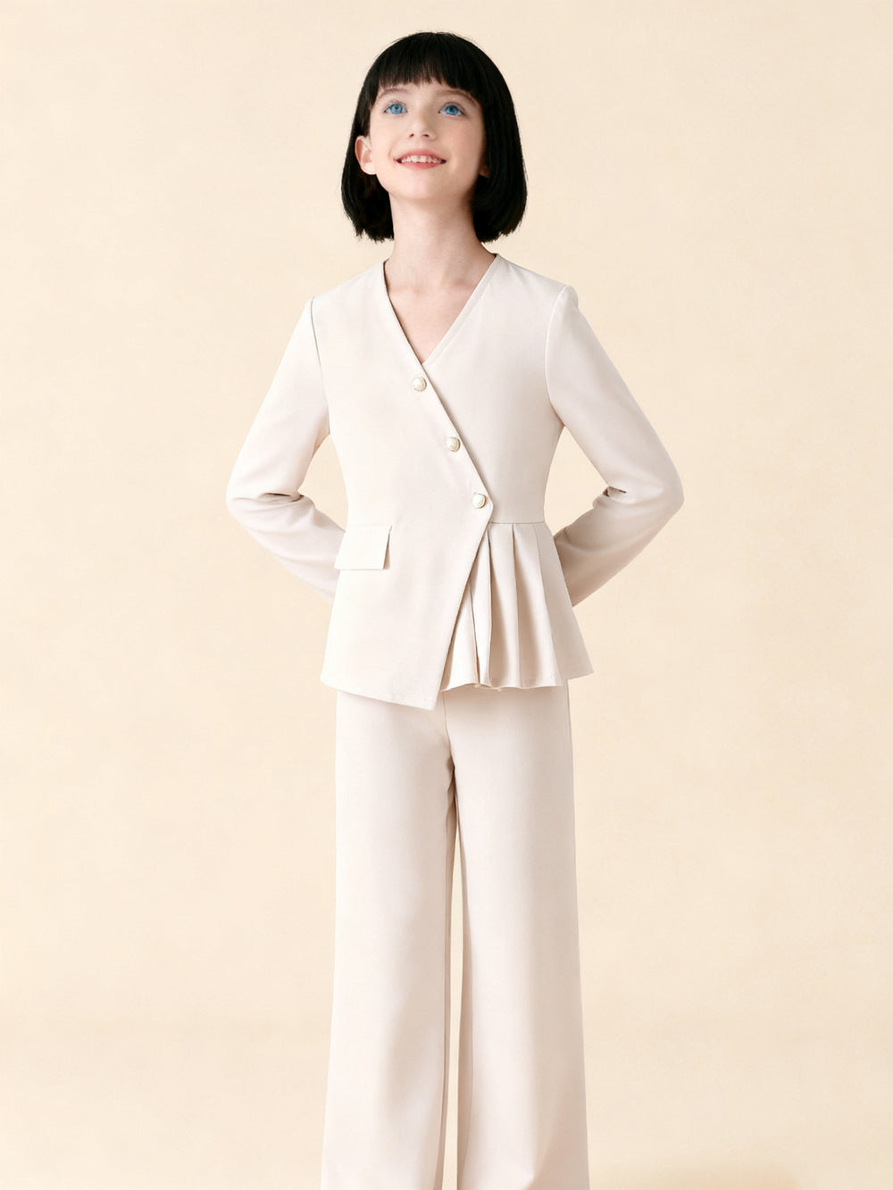 girls' two-piece set: off-white, asymmetrical, wrap-front jacket and trousers, autumn pantsuit for kids