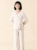girls' two-piece set: off-white, asymmetrical, wrap-front jacket and trousers, autumn pantsuit for kids